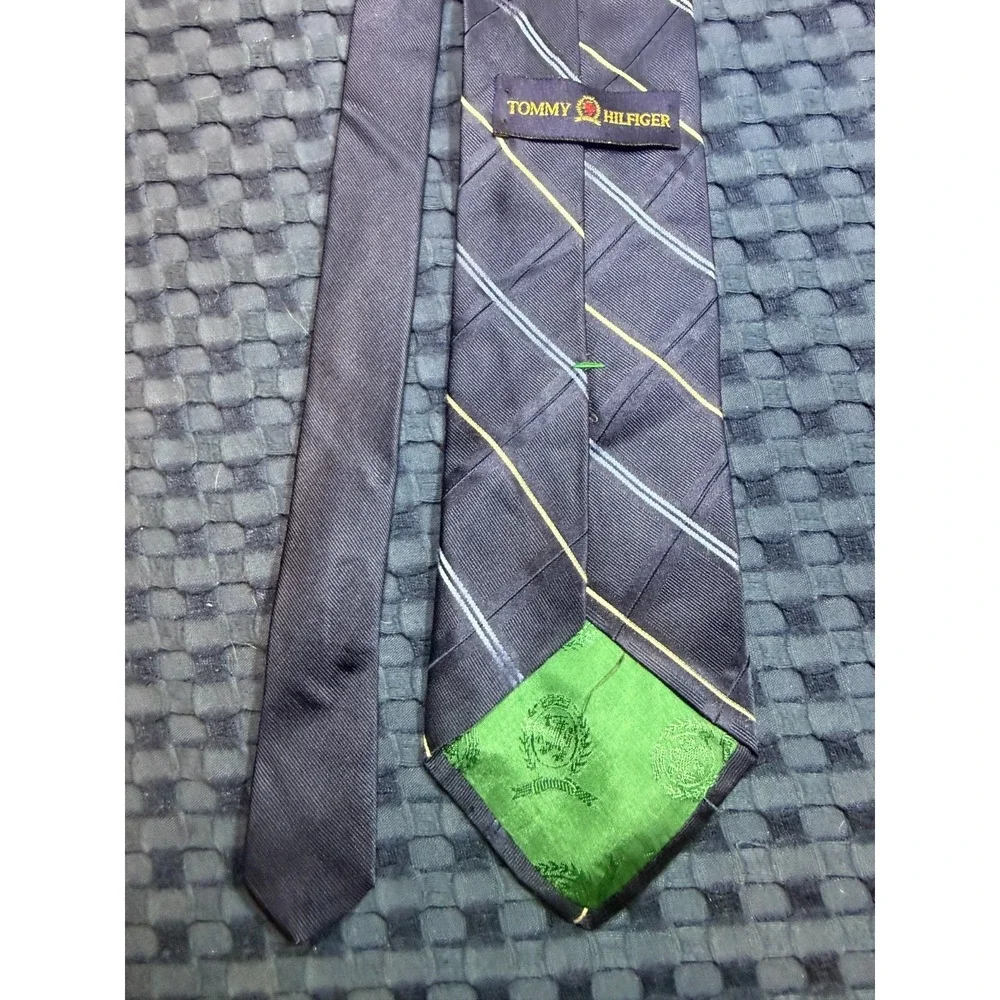 Tommy Hilfiger 100% Silk Tie USA Made Navy Blue Striped Necktie Vintage